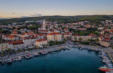 Picturesque scenic view on Supetar on Brac island, Croatia. Aerial drone view in august 2020