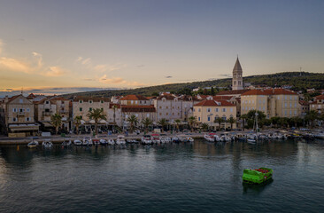 Obraz premium Picturesque scenic view on Supetar on Brac island, Croatia. Aerial drone view in august 2020