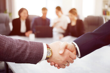 Business people shaking hands finishing a meeting in the background of their work team