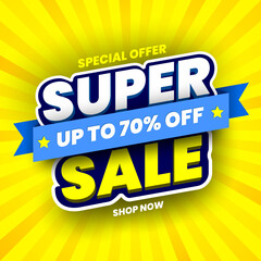 Special offer, super sale banner on yellow striped background. Vector illustration.