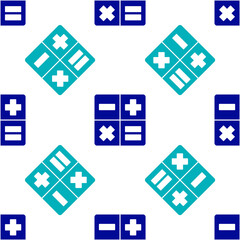 Blue Calculator icon isolated seamless pattern on white background. Accounting symbol. Business calculations mathematics education and finance. Vector