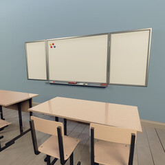 Empty scoolroom with board and desks
