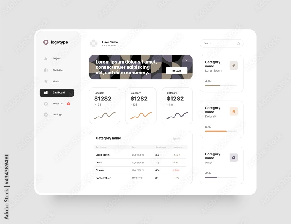 Fototapete Dashboard design. Desktop app with UI elements. Use for web application or website.