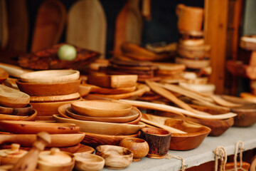 Still life of home kitchen utensils on a dark wooden background. Environmentally friendly dishes, ecology concept