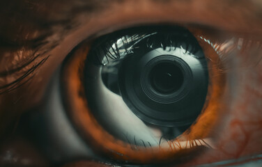 Pupila dilatada reflejando un objetivo de cámara.
