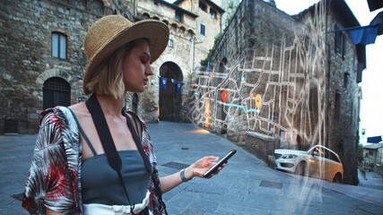 Young beautiful woman using smartphone traveling across old city with map app online. Internet communication, shopping worldwide. Successful businesswoman lifestyle.