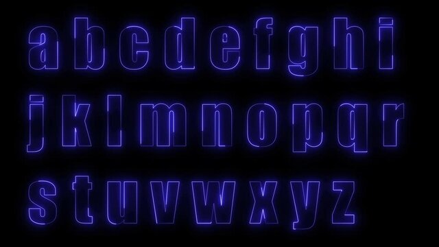 Dynamic glow effects of the contours of the lowercase letters of the English alphabet on a black background. Neon design elements. Looped
