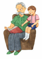Grandfather and grandson reading a book in a chair