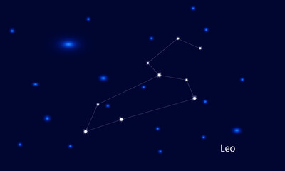 Leo constellation. Starry sky. Dark blue space background. Bright shining stars. Zodiac constellations. Zodiac sign. Vector illustration.