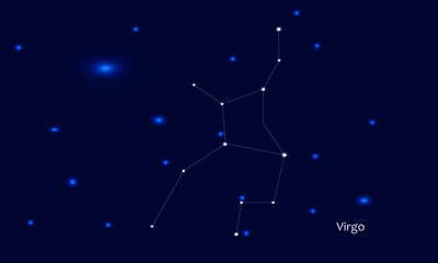 Virgo constellation. Starry sky. Dark blue space background. Bright shining stars. Zodiac constellations. Zodiac sign. Vector illustration.