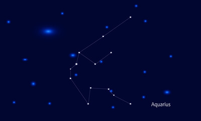 Aquarius constellation. Starry sky. Dark blue space background. Bright shining stars. Zodiac constellations. Zodiac sign. Vector illustration.