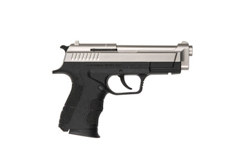 Black silver modern pistol on a white back. A short-barreled weapon for concealed carry. Armament...