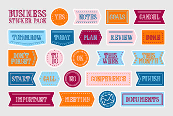 Set of multicolor vector business stickers with white frames for web and graphic design made of labels with business words composed with hand drawn letters
