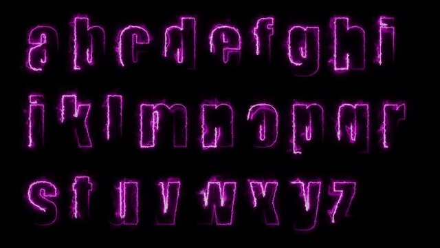 Dynamic glow effects of the contours of the lowercase letters of the English alphabet on a black background. Neon design elements. Looped