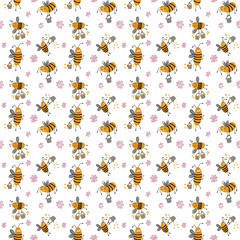 seamless pattern with cartoon bees collecting honey in a bucket