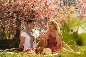 Happy couple having picnic in park on sunny day - Powered by Adobe