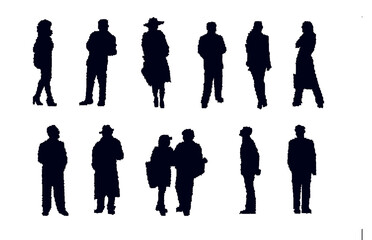 Silhouettes of people in official clothes. They are staying, walking.