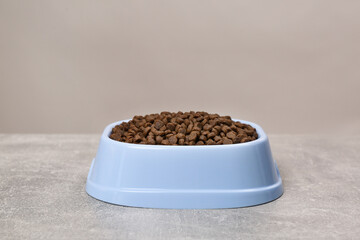 Dry food in light blue pet bowl on grey surface