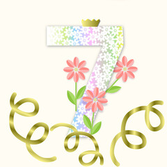 greeting card: number seven with a crown, flowers and gold ribbons, for a girl seven years or seven months