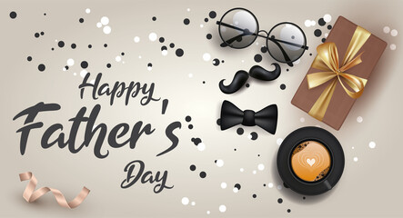 card or banner on a Happy Father's Day in black on a gradient gray background with around a cup of coffee, a mustache, a bow tie, a gift, a pair of glasses