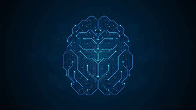 Abstract brain form electronic circuits lines pattern. Point connecting network on blue background