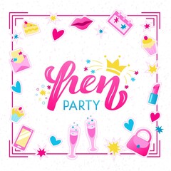 Hand drawn vector illustration with color lettering on textured background Hen Party for announce, banner, card, social media, invitation, celebration, advertising, poster, decoration, print, template