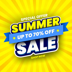 Special offer, summer sale banner on yellow striped background. Vector illustration.
