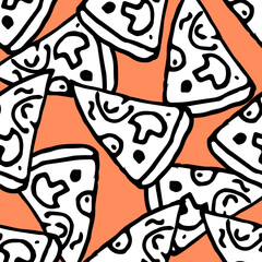 vector pattern of a triangular slice of pizza on a reddish orange background. A seamless pattern of a slice of pizza with mushrooms drawn by hand in a doodle style with a black outline, often placed o