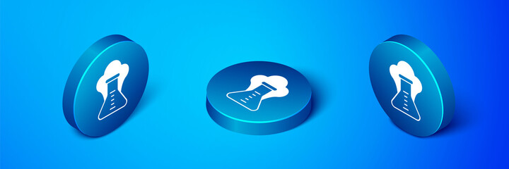 Isometric Chemical experiment, explosion in the flask icon isolated on blue background. Chemical explosion in a test tube. Blue circle button. Vector