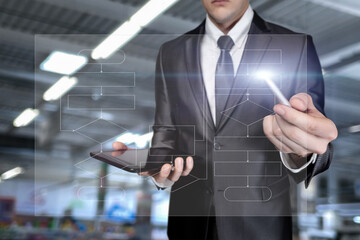 Man in a suit works with a flowchart on a virtual computer screen.