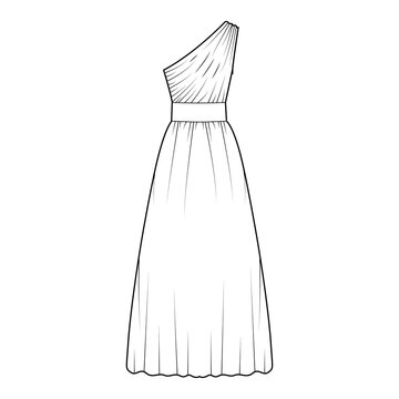 Dress one shoulder technical fashion illustration with fitted body, floor maxi length circular skirt. Flat evening apparel front, white color style. Women, men unisex CAD mockup