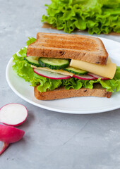 Delicious sandwich with fresh lettuce leaves, tomatoes, cucumbers and cheese on a grey table background.