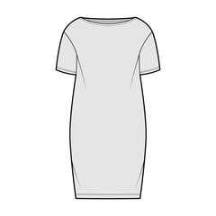 Dress sack slouchy technical fashion illustration with short sleeves, oversized body, knee length pencil skirt. Flat apparel front, grey color style. Women, men unisex CAD mockup