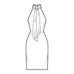 Dress neck bow technical fashion illustration with high halter neckline, sleeveless, fitted body, knee length pencil skirt. Flat apparel front, white color style. Women, men unisex CAD mockup