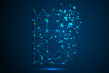 Fototapeta premium The destruction of the abstract font of letters consists 3d of triangles, lines, dots and connections. On a dark blue background cosmic universe stars, meteorites, galaxies. Vector eps 10.