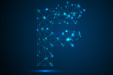 The destruction of the abstract font of  letters consists 3d of triangles, lines, dots and connections. On a dark blue background cosmic universe stars, meteorites, galaxies. Vector eps 10.