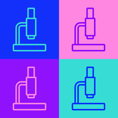 Pop art line Microscope icon isolated on color background. Chemistry, pharmaceutical instrument, microbiology magnifying tool. Vector