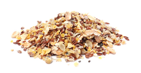 Pile of granola on white background. Healthy snack