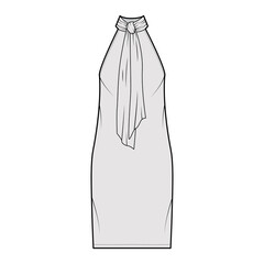 Dress neck bow technical fashion illustration with high halter neckline, sleeveless, oversized body, knee length pencil skirt. Flat apparel front, grey color style. Women, men unisex CAD mockup