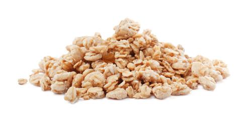 Pile of granola on white background. Healthy snack