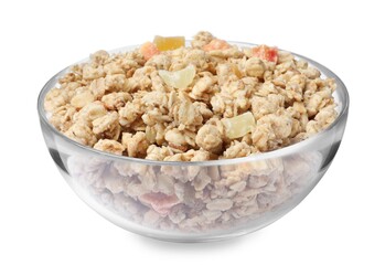 Granola in bowl on white background. Healthy snack
