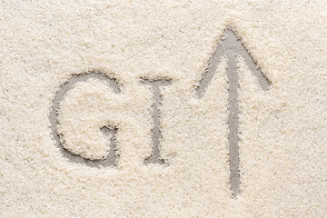 Rice texture with text GI. The concept of high glycemic index of white polished rice. Diabetes and insulin resistance problem in human diet.