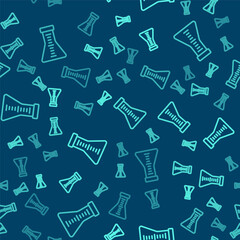Green line Test tube and flask chemical laboratory test icon isolated seamless pattern on blue background. Laboratory glassware sign. Vector