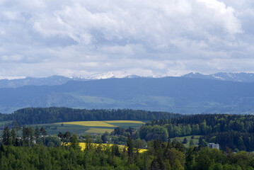 Landscape with mountains in the background seen from wooden lookout named Loorenkopfturm (Loorenkopf tower). Photo taken May 18th, 2021, Zurich, Switzerland.