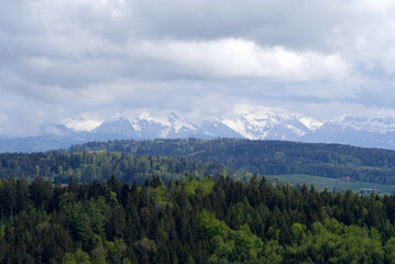 Obraz premium Landscape with mountains in the background seen from wooden lookout named Loorenkopfturm (Loorenkopf tower). Photo taken May 18th, 2021, Zurich, Switzerland.