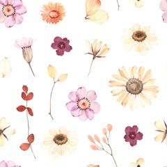 Fototapeta na wymiar Watercolor floral seamless pattern with wildflowers, branches and leaves in herbarium style. Dry flowers and plants isolated on white background, hand painting image, print in pastel colors.