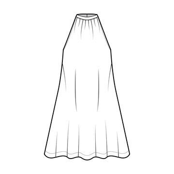 recommend clip art: Dress trapeze tent technical fashion illustration with sleeveless, oversized body, knee length, banded high neck halter. Flat apparel front, white color style. Women, men unisex CAD mockup