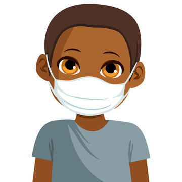 Cute Black African American Little Boy Wearing Medical Face Mask Protect From Virus