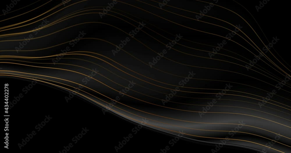 Poster black abstract tech luxury waves motion background with golden lines. seamless looping. video animat