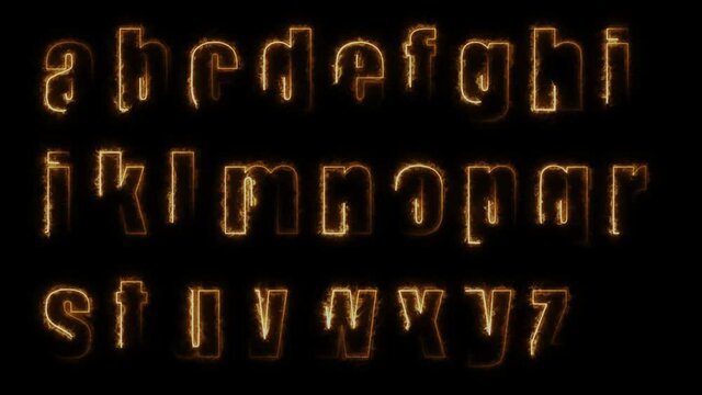 Dynamic glow effects of the contours of the lowercase letters of the English alphabet on a black background. Neon design elements. Looped